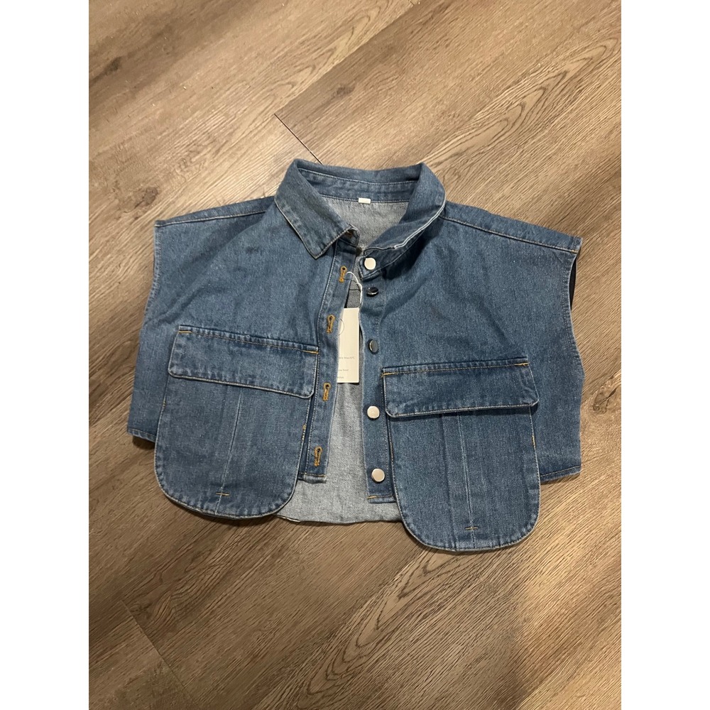 Womens Cropped Denim Vest Medium Wash Button Up Boxy Utility Jean Jacket Small